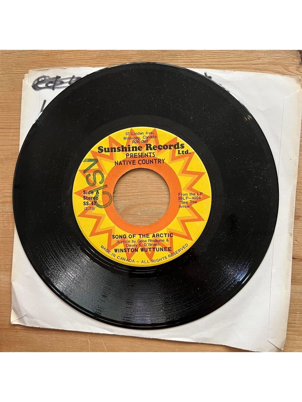Winston Wuttunee - Song of the Artic/The Bucksaw Jig 45rpm VG+ R16